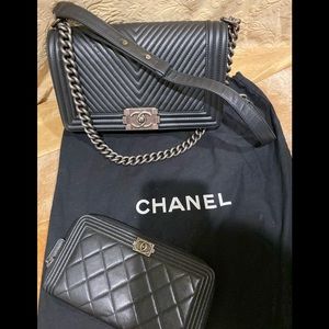 Black Chanel handbag with the wallet.